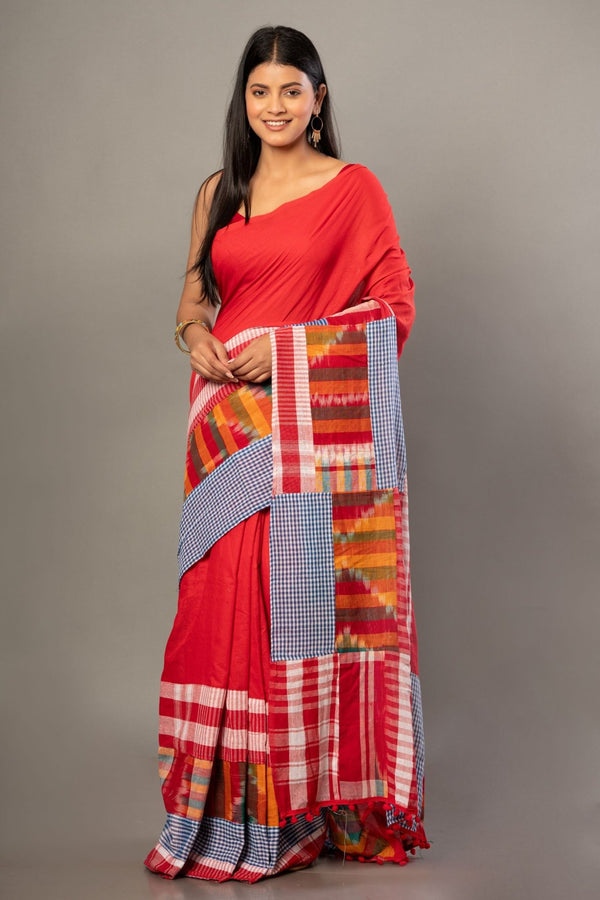 Red Cotton Gamcha Saree With Multicolor Checks - Anvi Couture