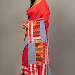 Red Cotton Gamcha Saree With Multicolor Checks - Anvi Couture