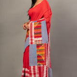 Red Cotton Gamcha Saree With Multicolor Checks - Anvi Couture