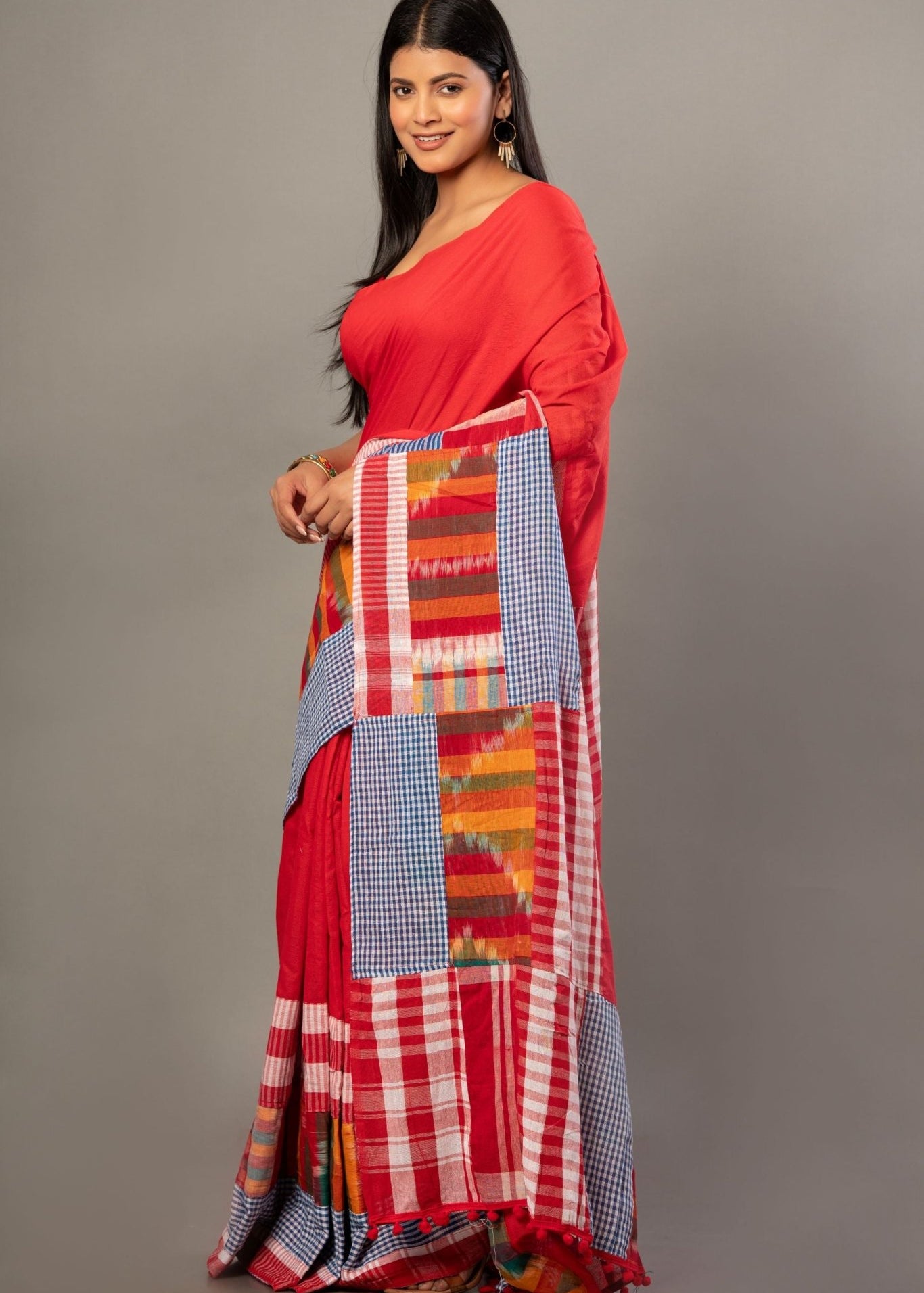 Red Cotton Gamcha Saree With Multicolor Checks - Anvi Couture