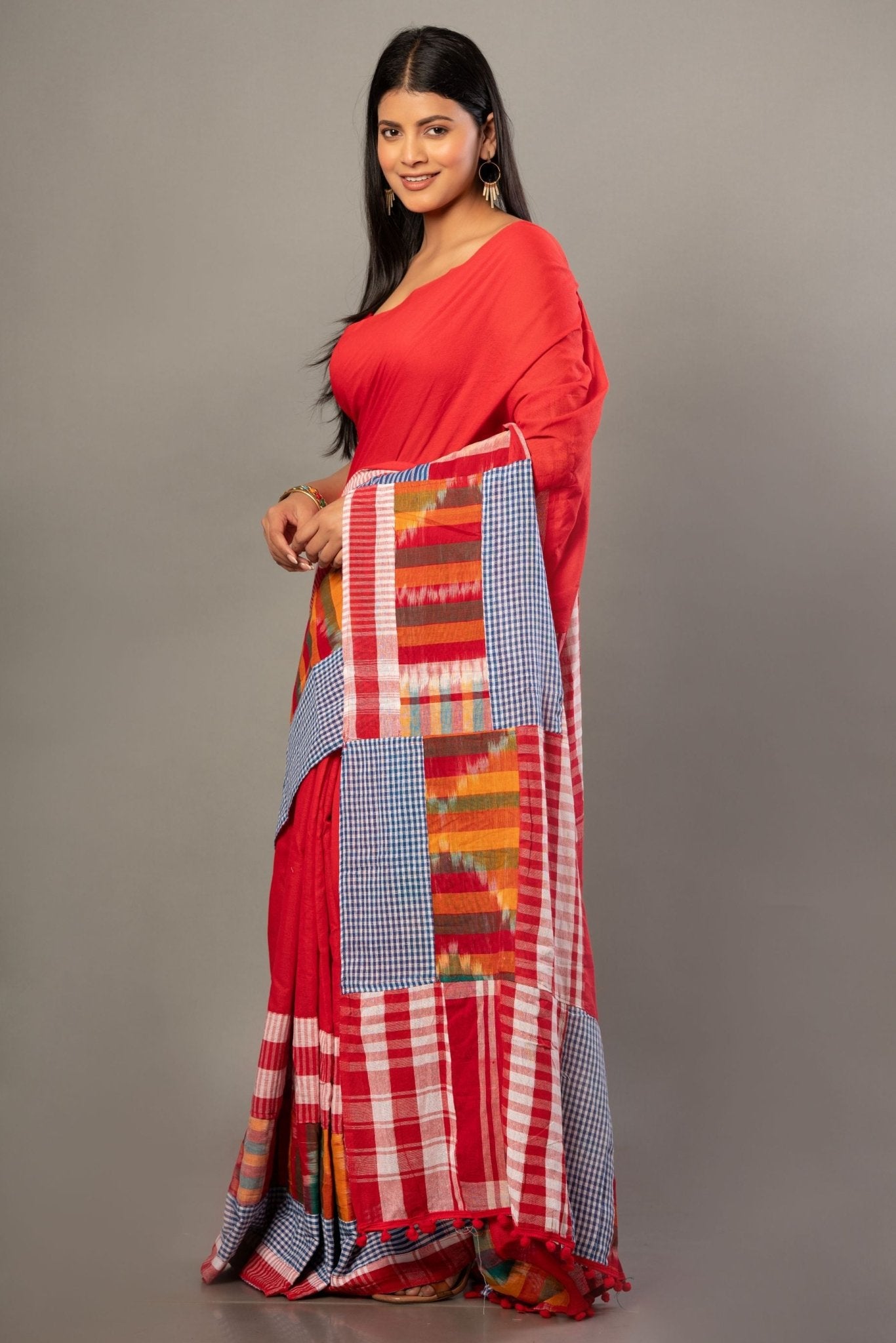 Red Cotton Gamcha Saree With Multicolor Checks - Anvi Couture