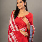 Red Cotton Gamcha Saree With Multicolor Checks - Anvi Couture