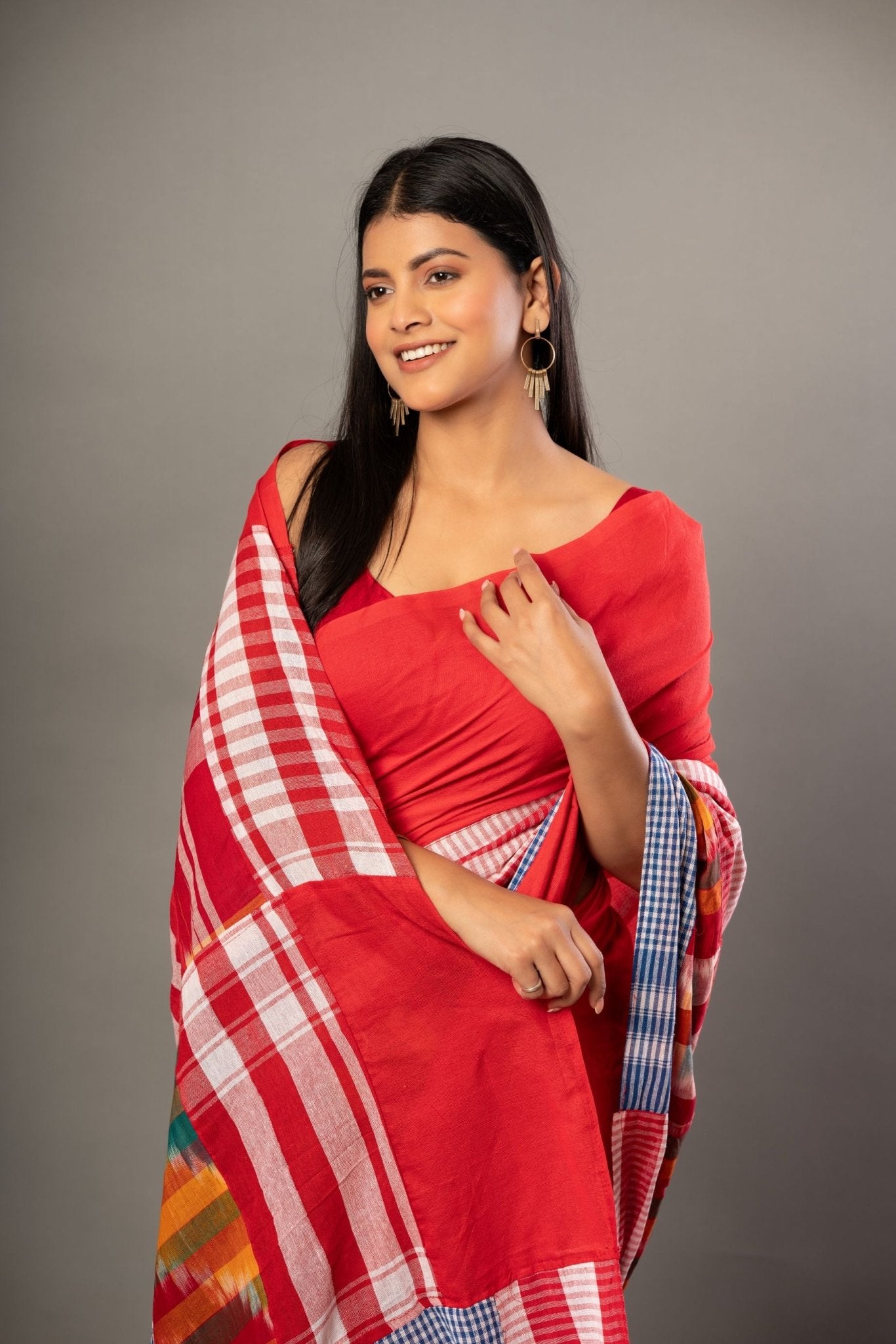 Red Cotton Gamcha Saree With Multicolor Checks - Anvi Couture