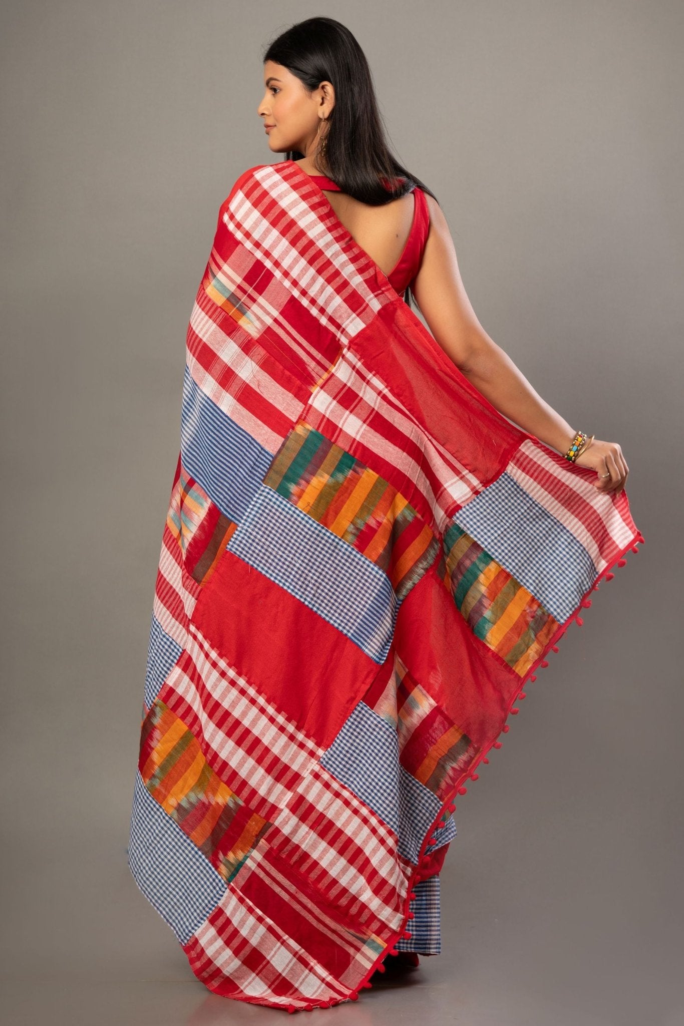 Red Cotton Gamcha Saree With Multicolor Checks - Anvi Couture