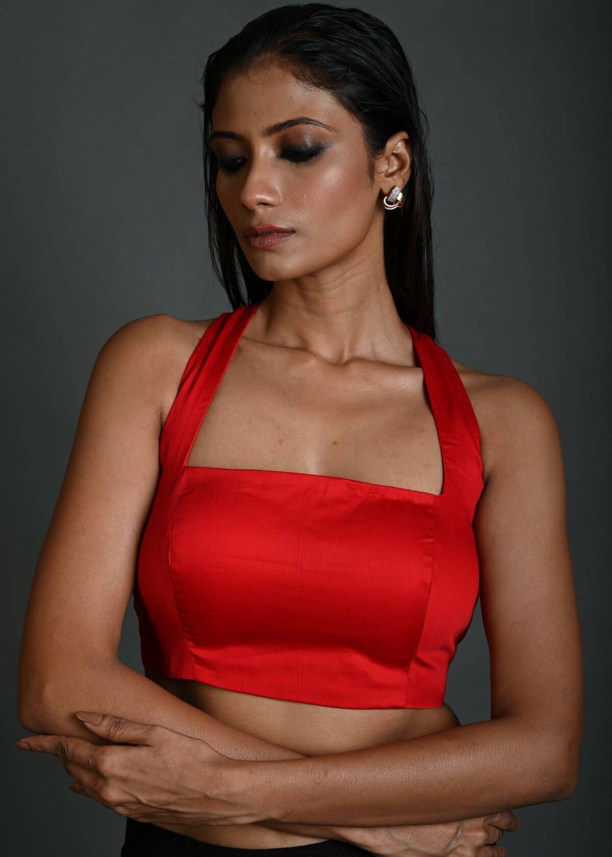 Red Cotton Halter Neck Sleeveless Blouse