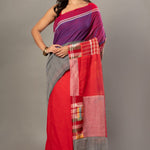 Red Cotton Saree With Red Multicolor Gamcha Checks - Anvi Couture