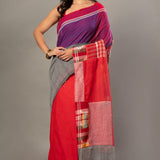 Red Cotton Saree With Red Multicolor Gamcha Checks - Anvi Couture