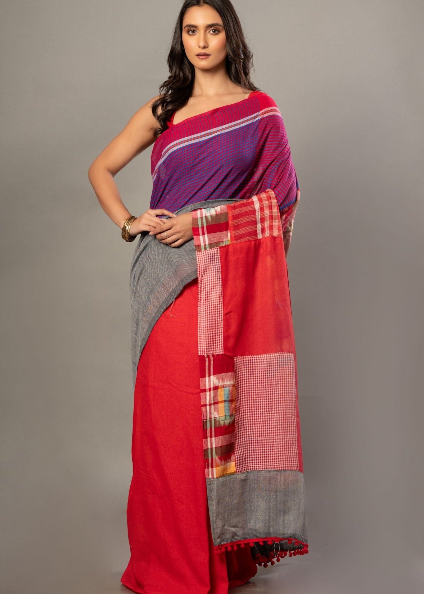 Red Cotton Saree With Red Multicolor Gamcha Checks - Anvi Couture