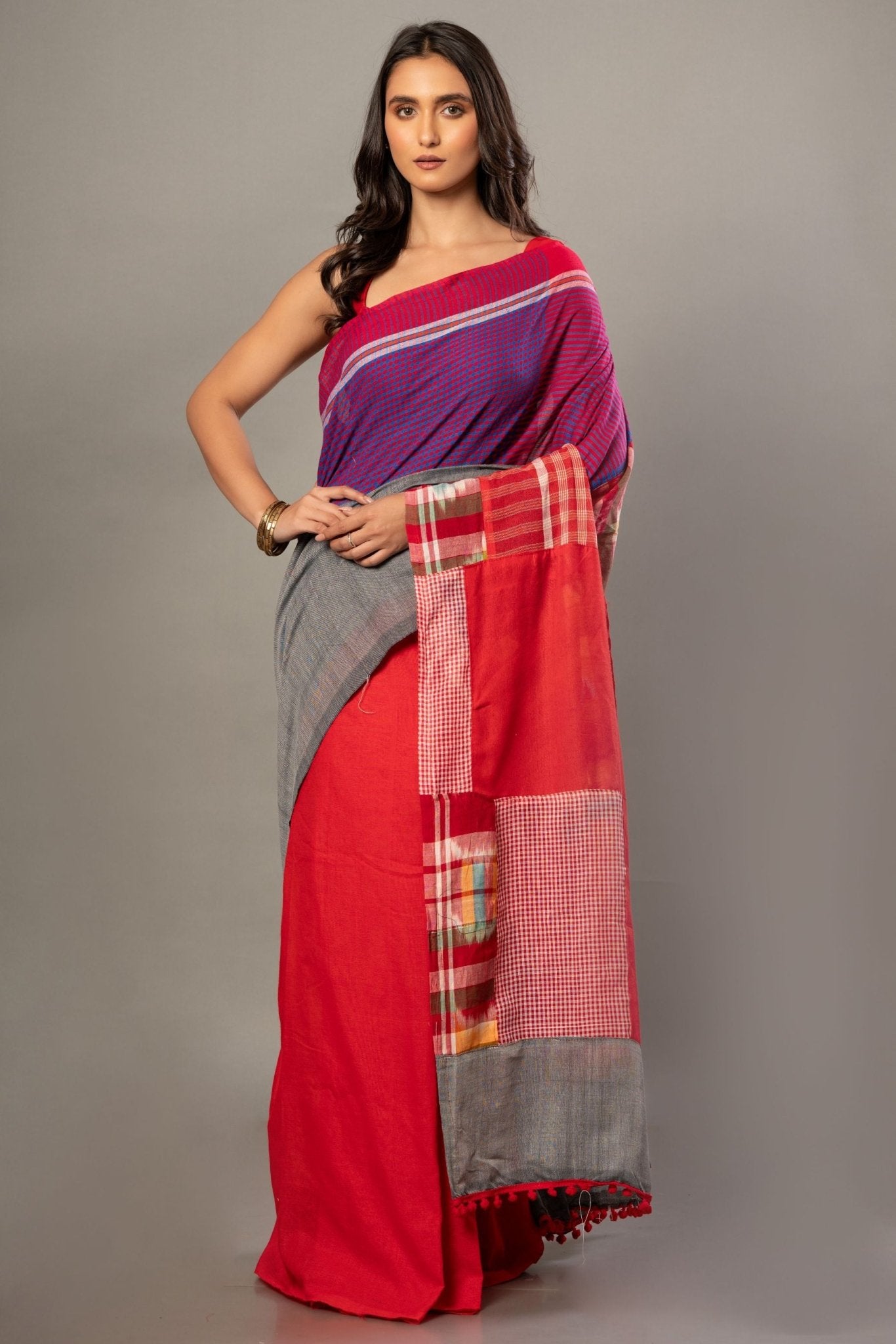 Red Cotton Saree With Red Multicolor Gamcha Checks - Anvi Couture
