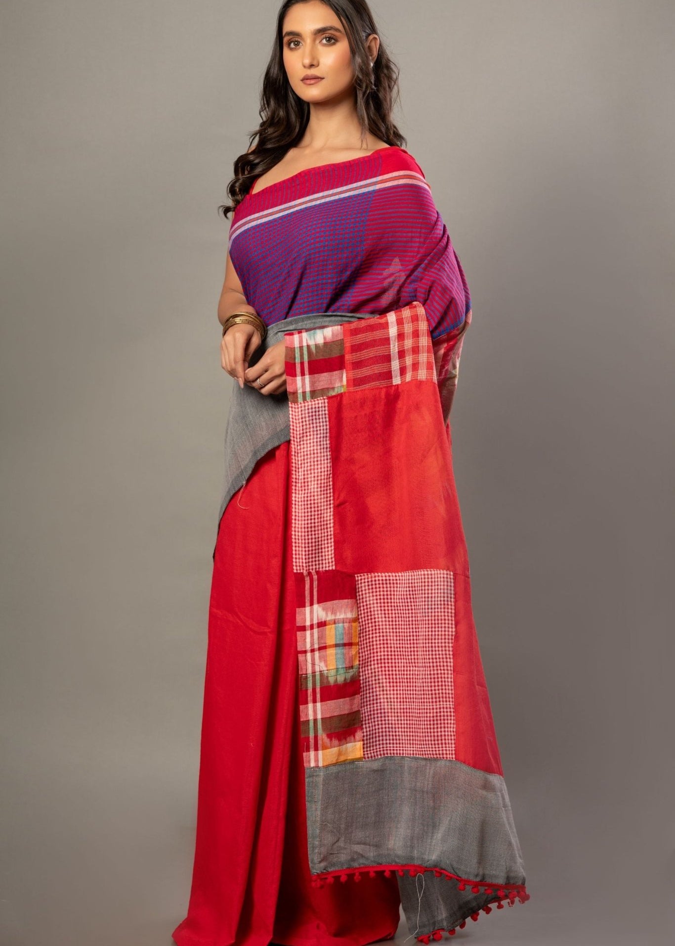 Red Cotton Saree With Red Multicolor Gamcha Checks - Anvi Couture