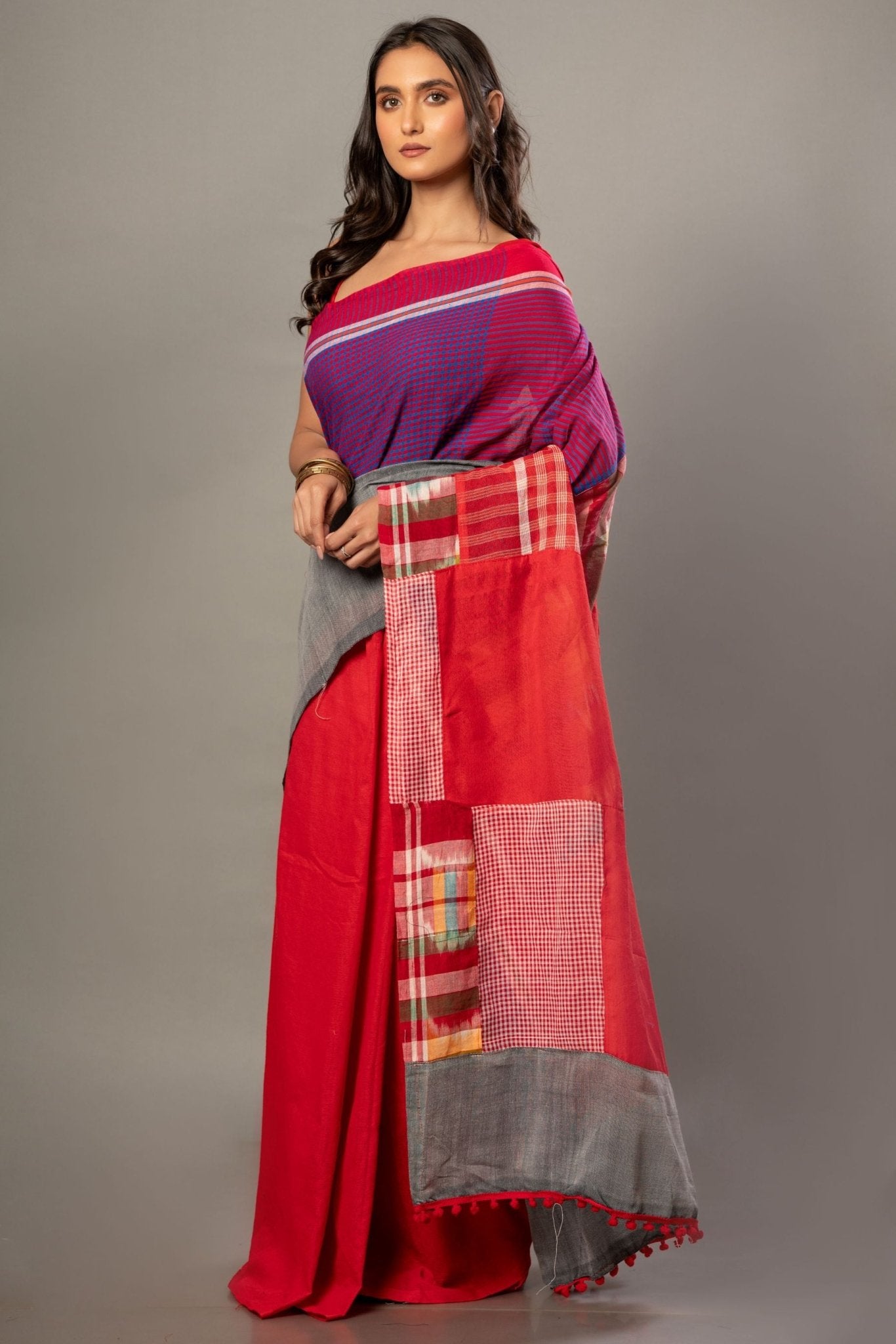 Red Cotton Saree With Red Multicolor Gamcha Checks - Anvi Couture