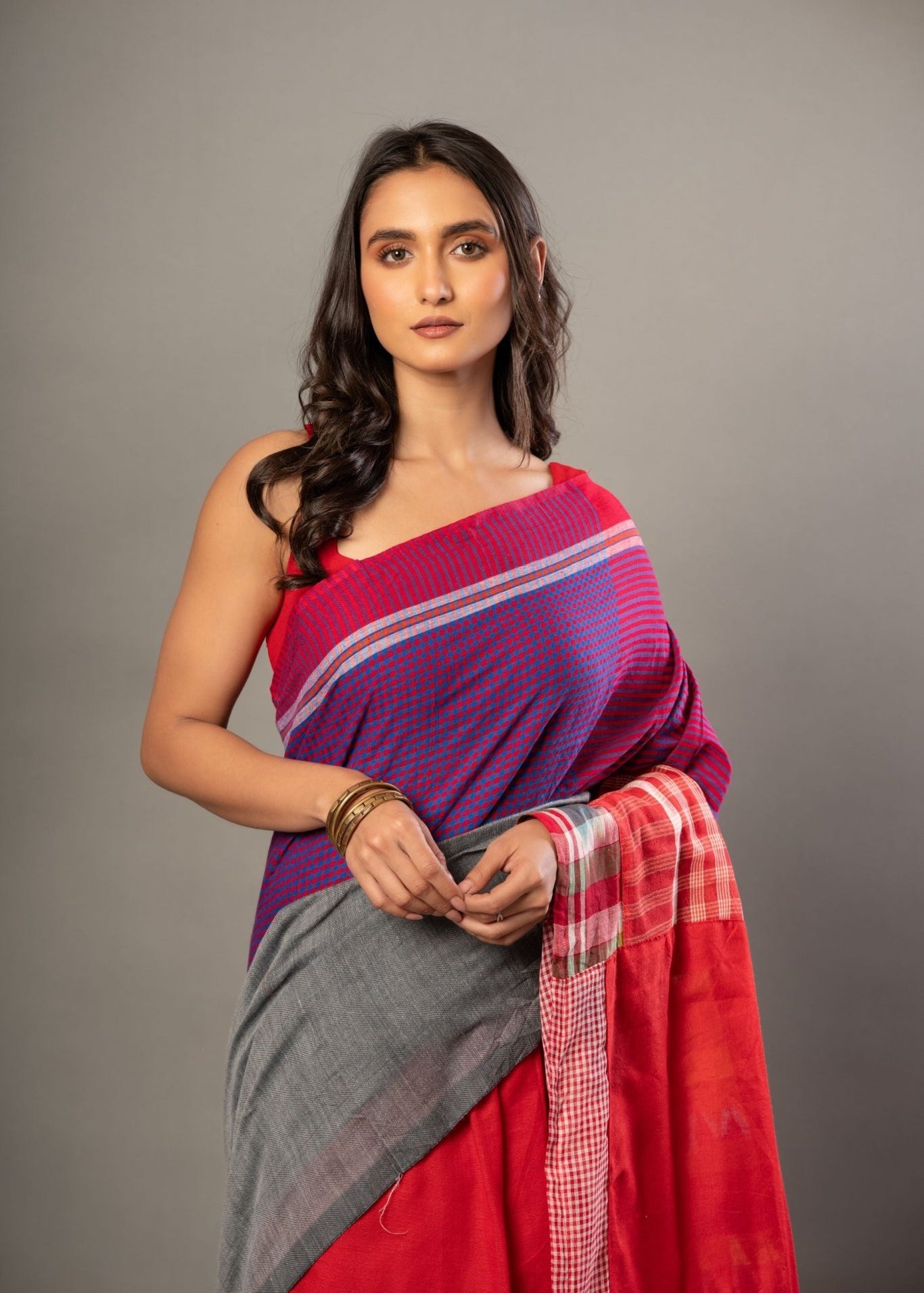 Red Cotton Saree With Red Multicolor Gamcha Checks - Anvi Couture