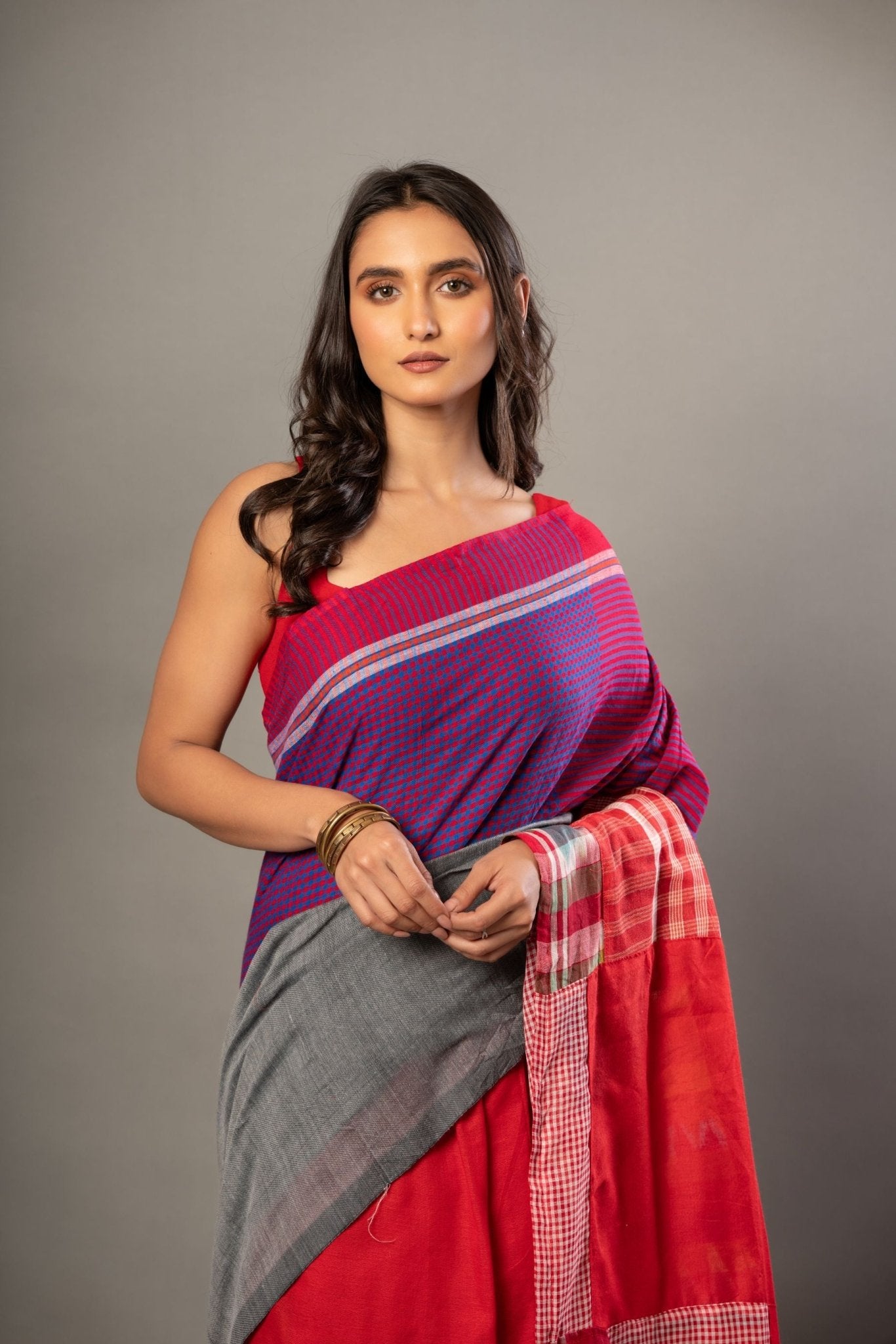 Red Cotton Saree With Red Multicolor Gamcha Checks - Anvi Couture