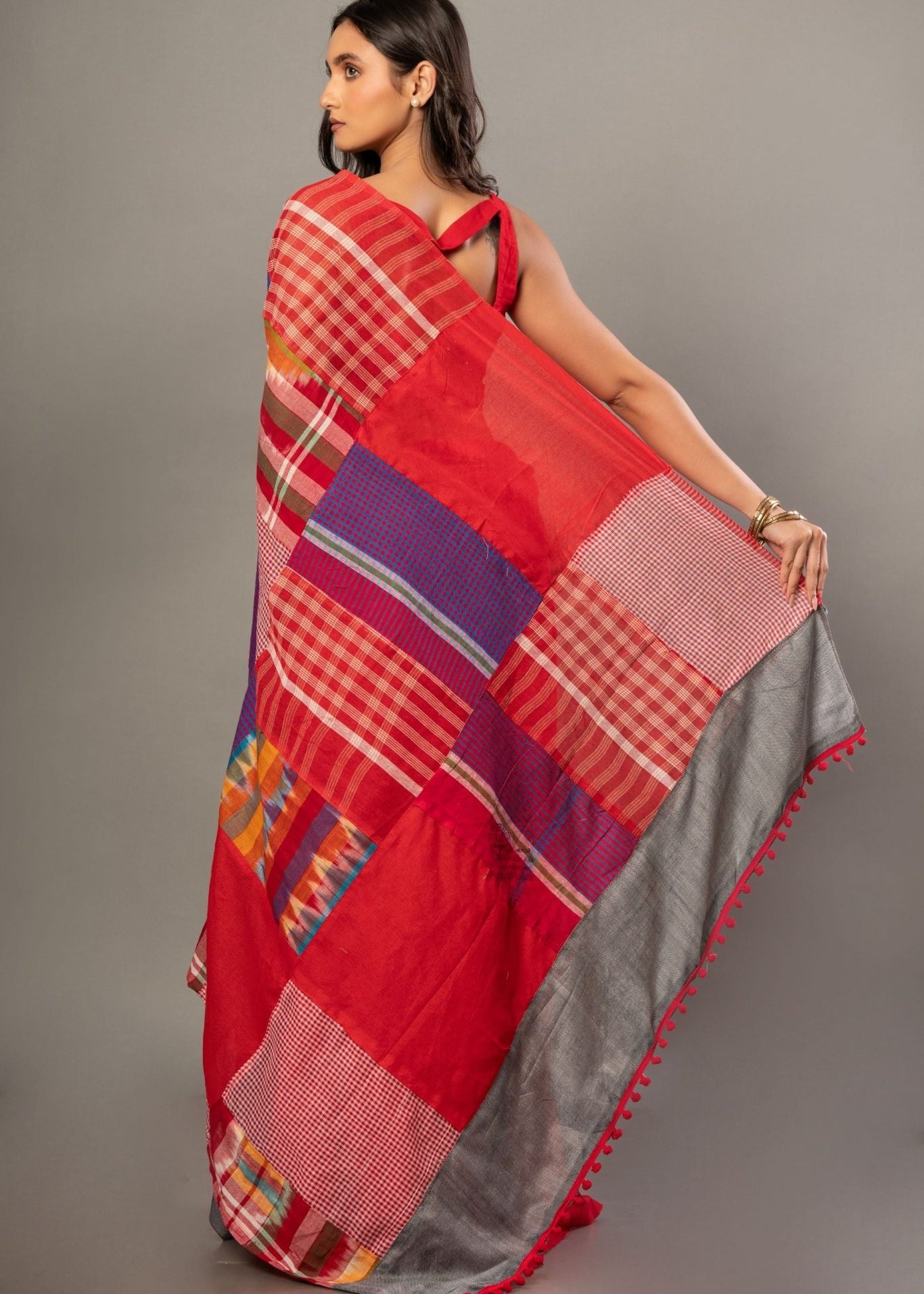 Red Cotton Saree With Red Multicolor Gamcha Checks - Anvi Couture