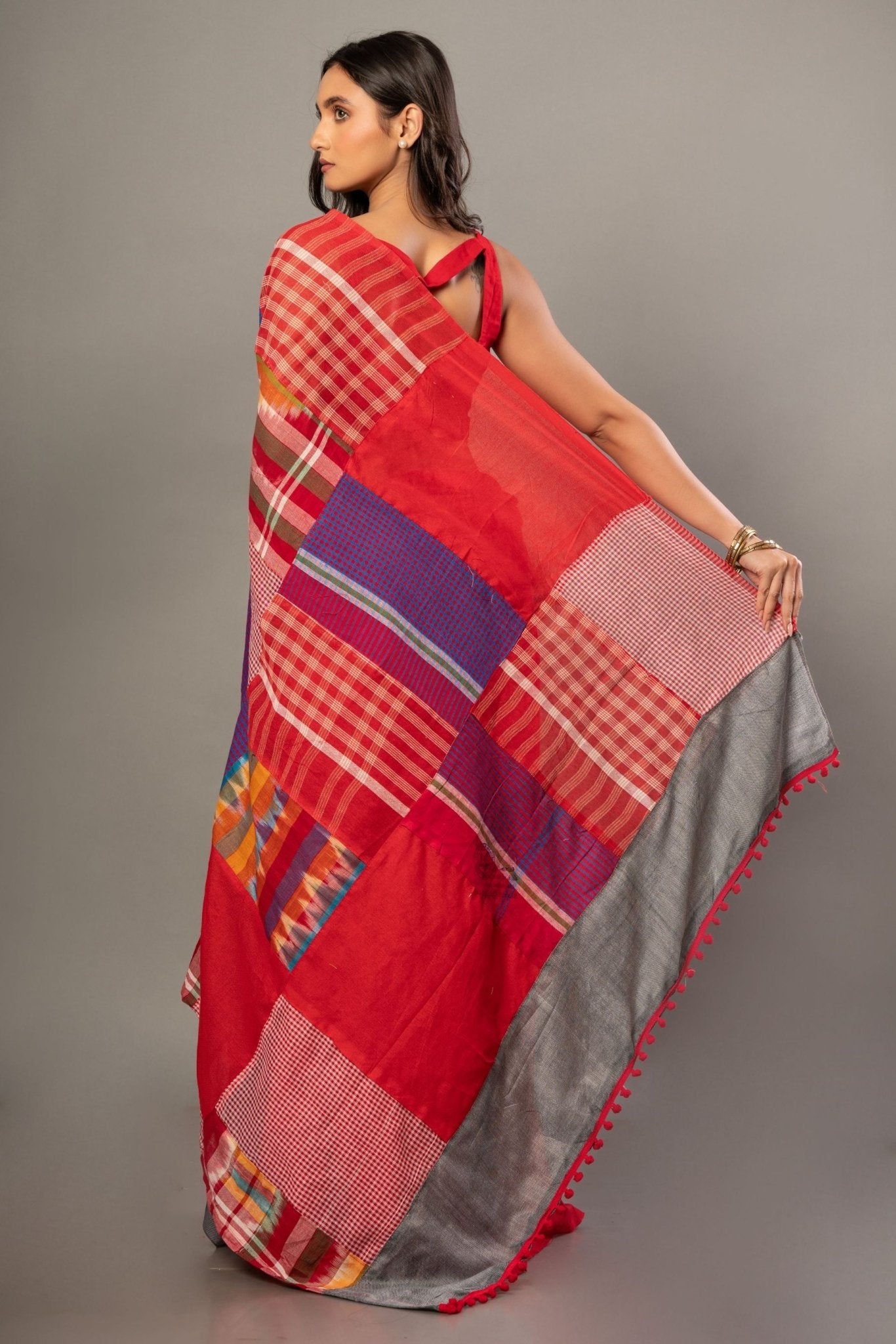 Red Cotton Saree With Red Multicolor Gamcha Checks - Anvi Couture