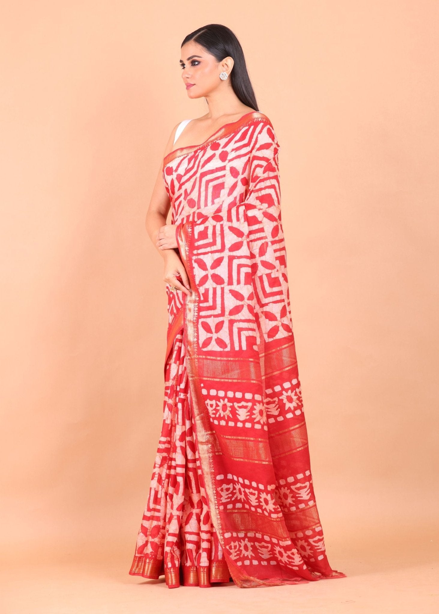 Red Cotton Silk Batik Saree - Anvi Couture