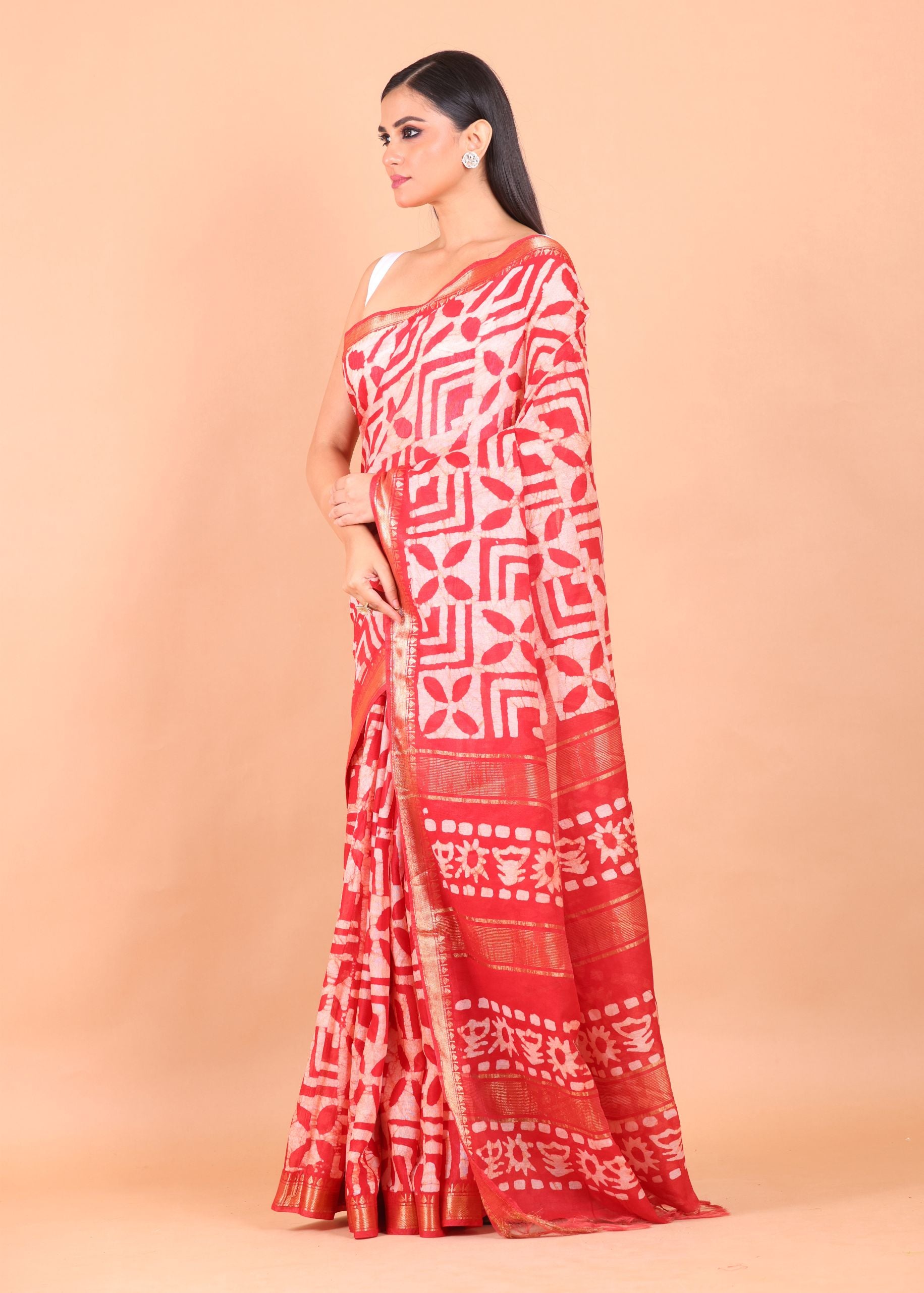 Red Cotton Silk Batik Saree front