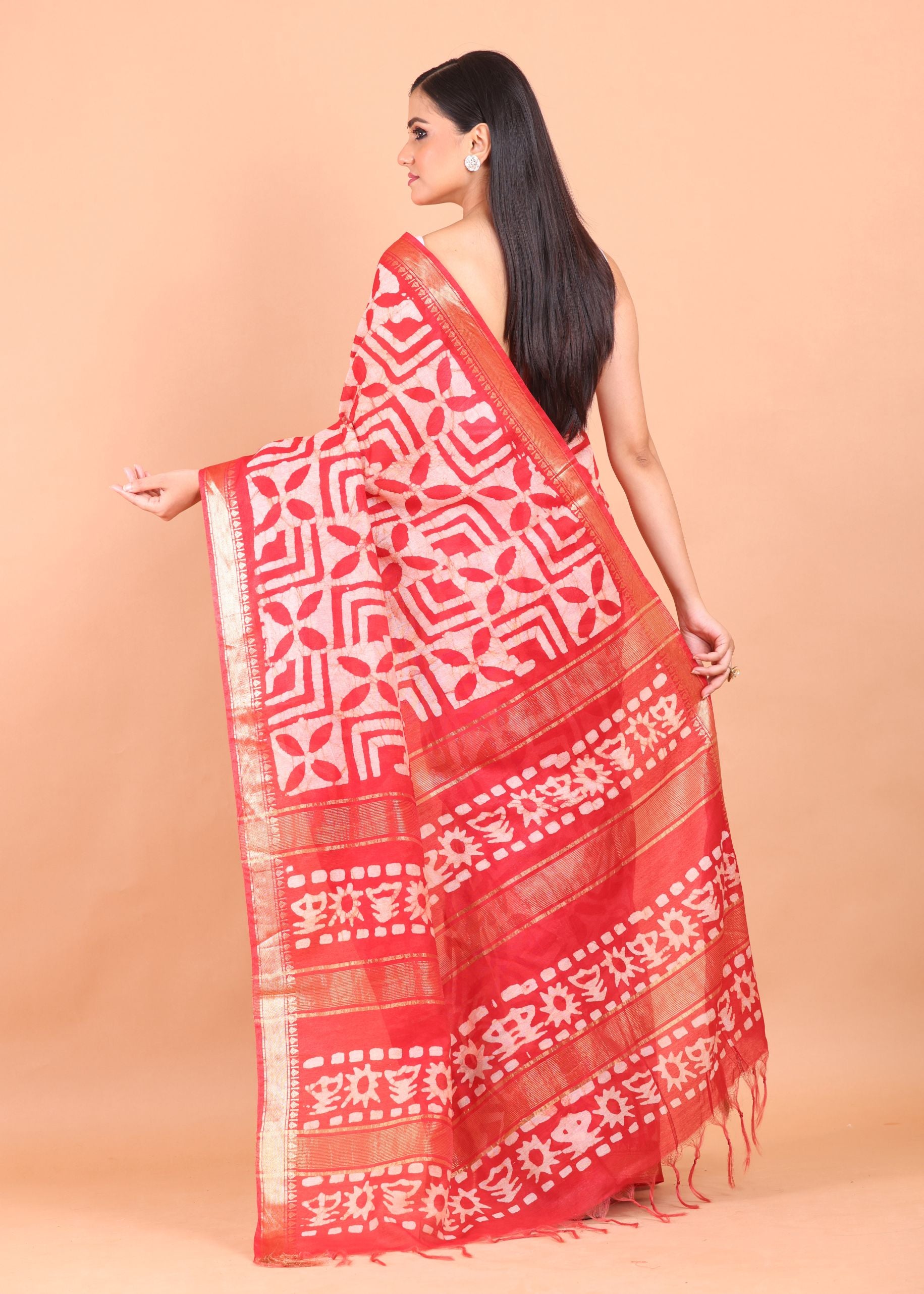 Red Cotton Silk Batik Saree back