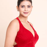 Red Deep V Neckline Velvet Backless Blouse Right Side
