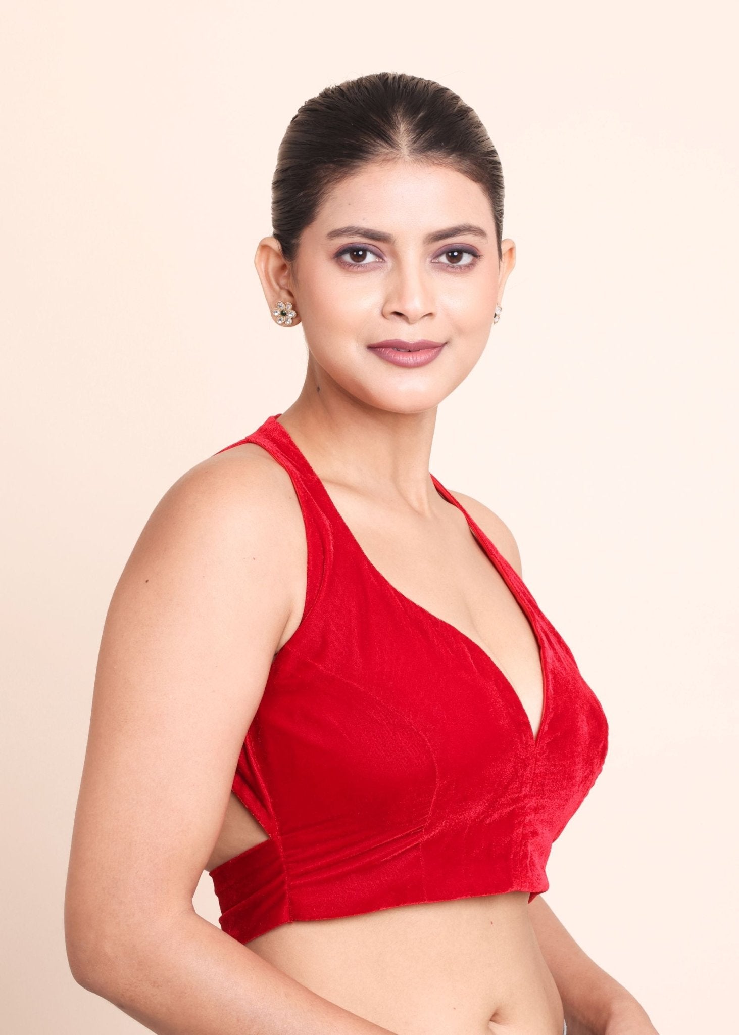Red Deep V Neckline Velvet Backless Blouse - Anvi Couture