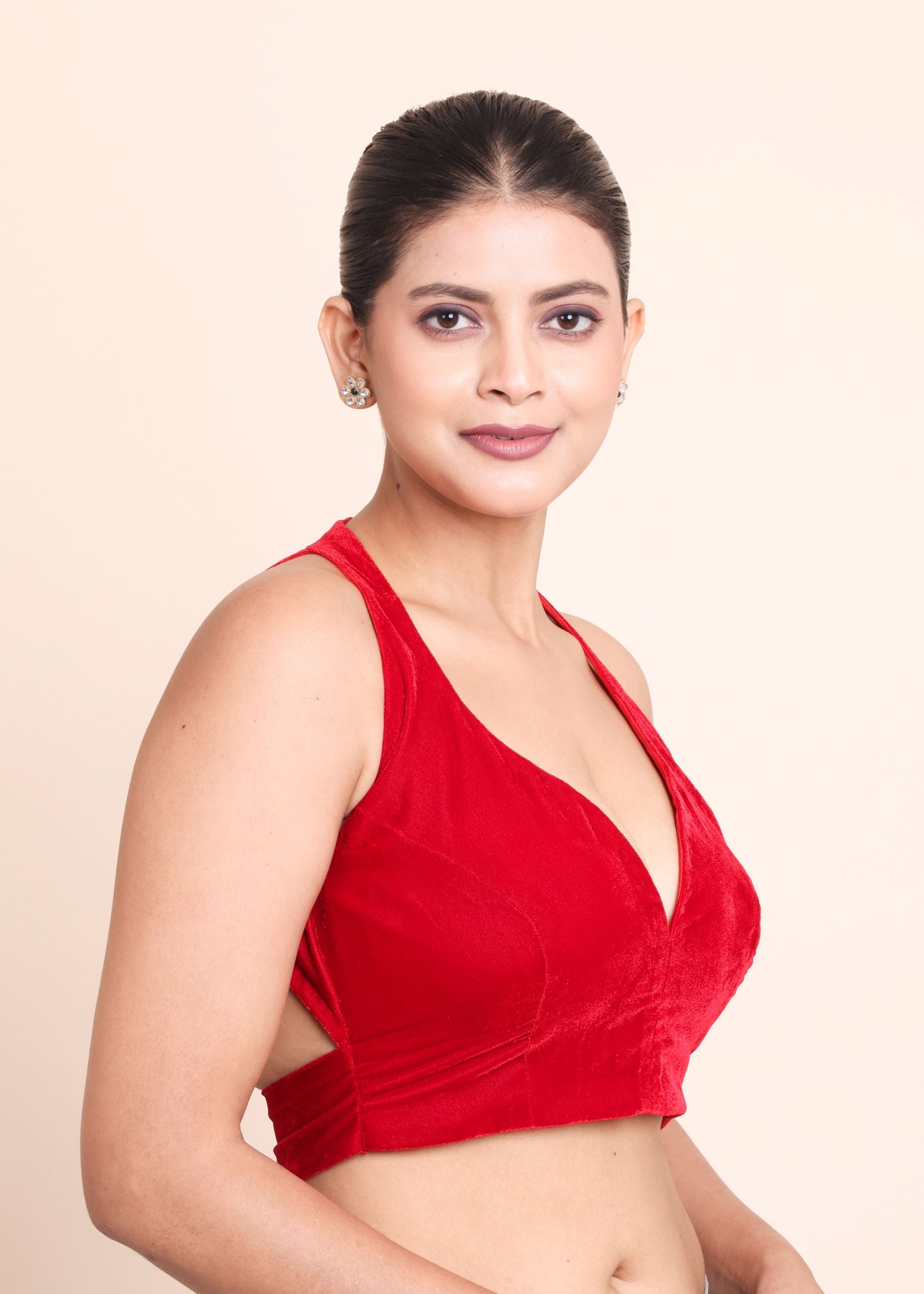 Red Deep V Neckline Velvet Backless Blouse Right Side