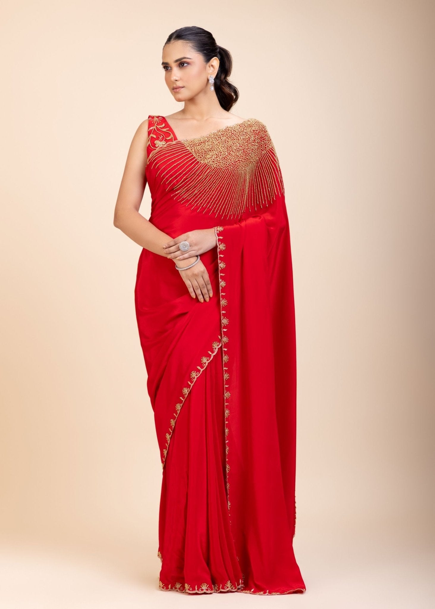 Red Designer Hand Embroidered Saree - Anvi Couture