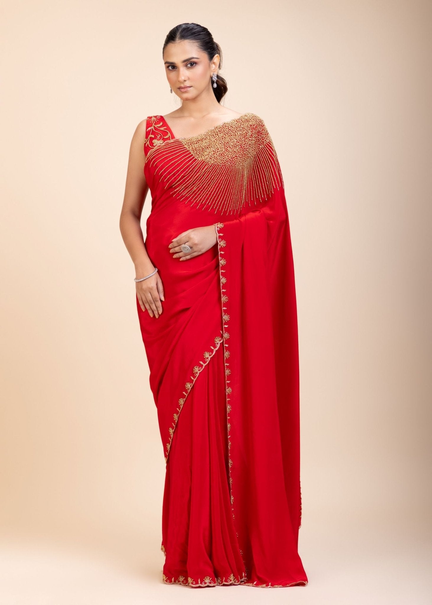 Red Designer Hand Embroidered Saree - Anvi Couture