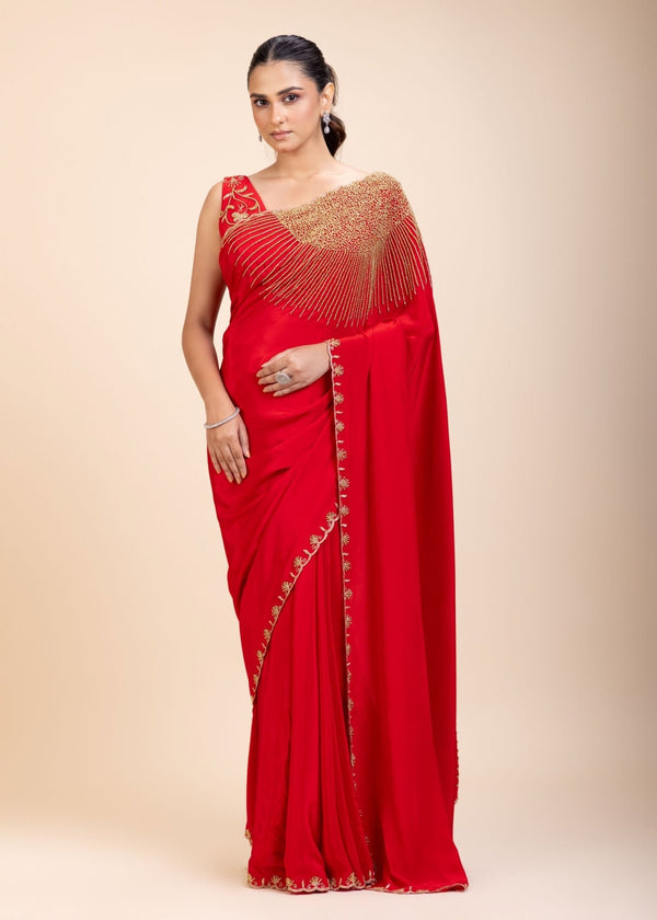 Red Designer Hand Embroidered Saree - Anvi Couture