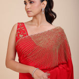 Red Designer Hand Embroidered Saree -Close
