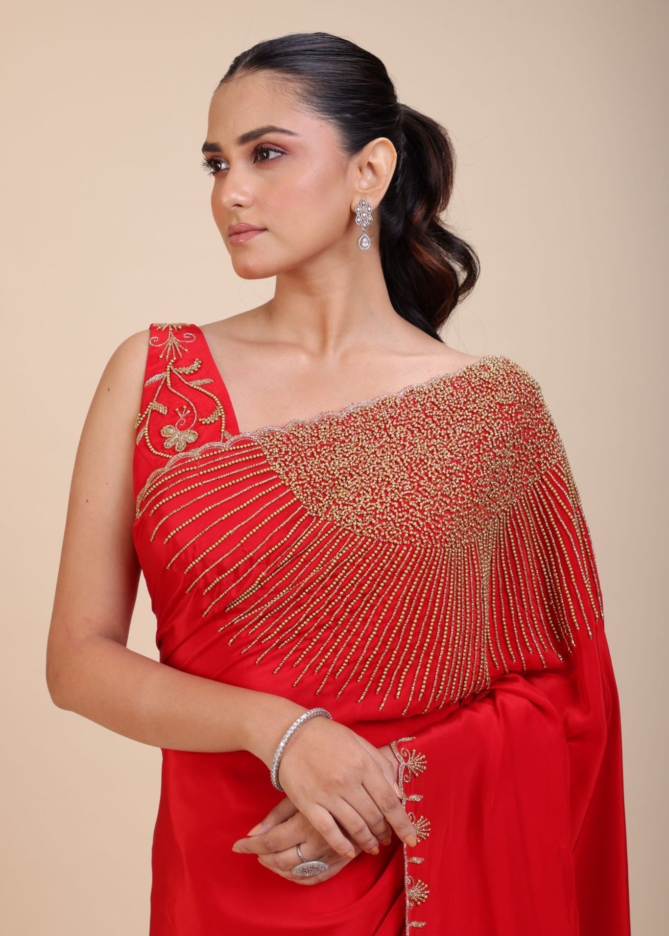 Red Designer Hand Embroidered Saree -Close
