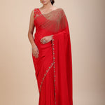 Red Designer Hand Embroidered Saree With Designer V Neck Blouse Full