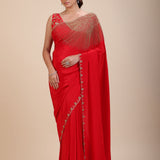 Red Designer Hand Embroidered Saree With Designer V Neck Blouse Full