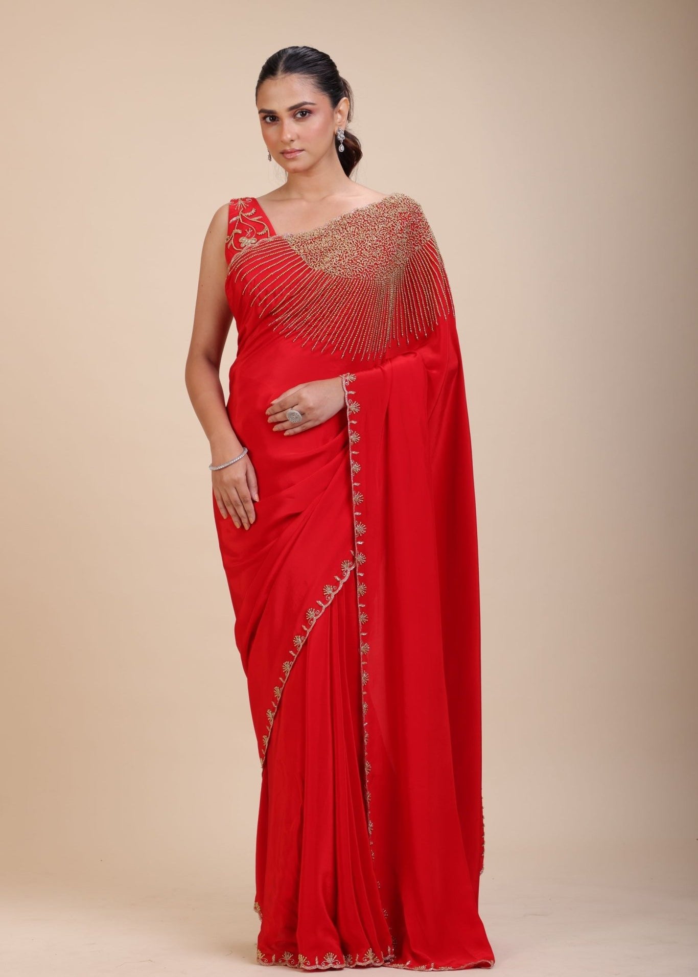 Red Designer Hand Embroidered Saree With Designer V Neck Blouse - Anvi Couture