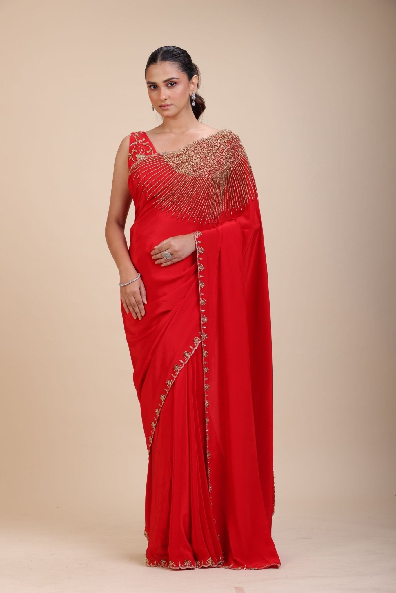 Red Designer Hand Embroidered Saree With Designer V Neck Blouse - Anvi Couture