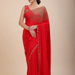 Red Designer Hand Embroidered Saree With Designer V Neck Blouse Front