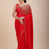 Red Designer Hand Embroidered Saree With Designer V Neck Blouse Front