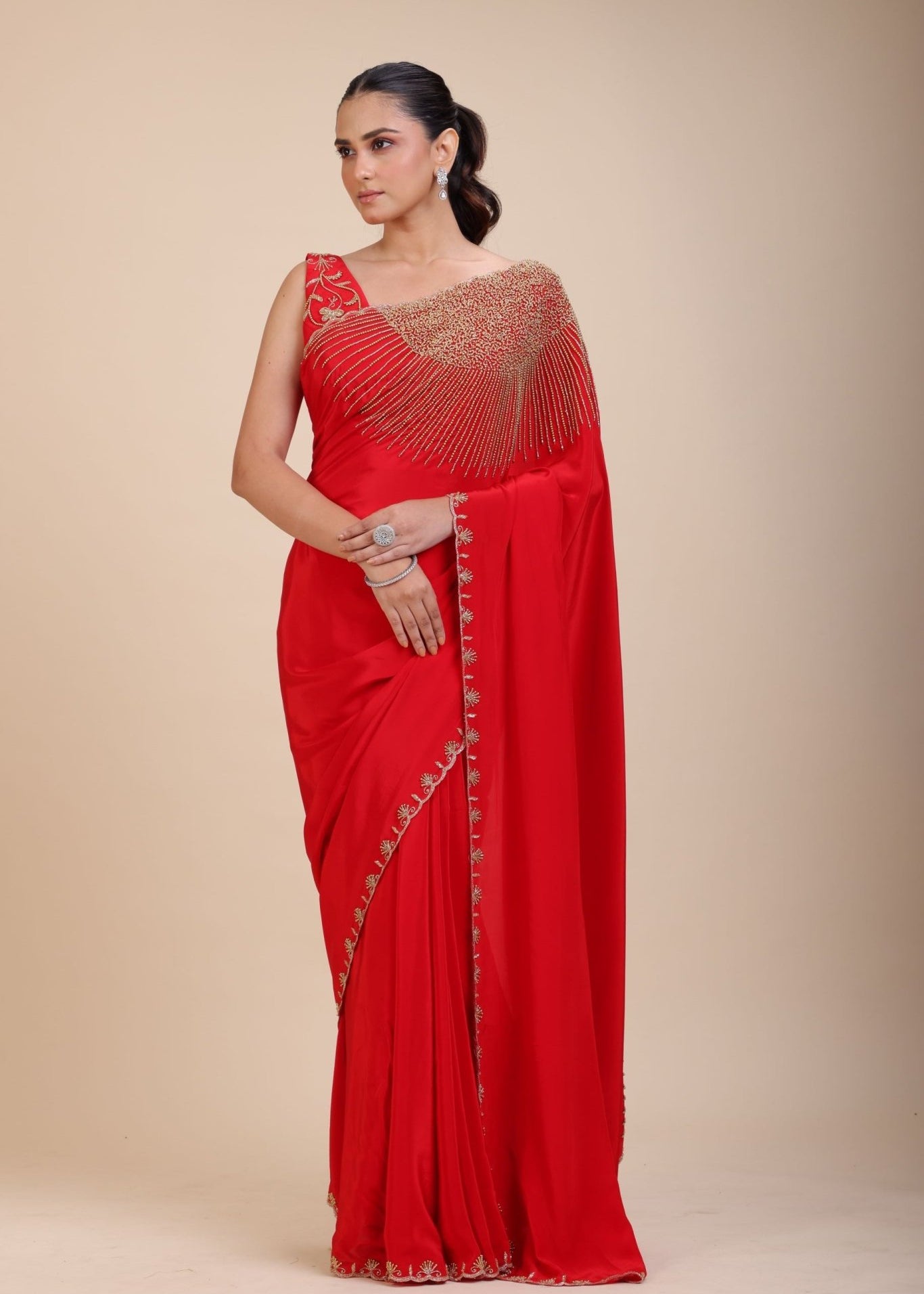 Red Designer Hand Embroidered Saree With Designer V Neck Blouse - Anvi Couture