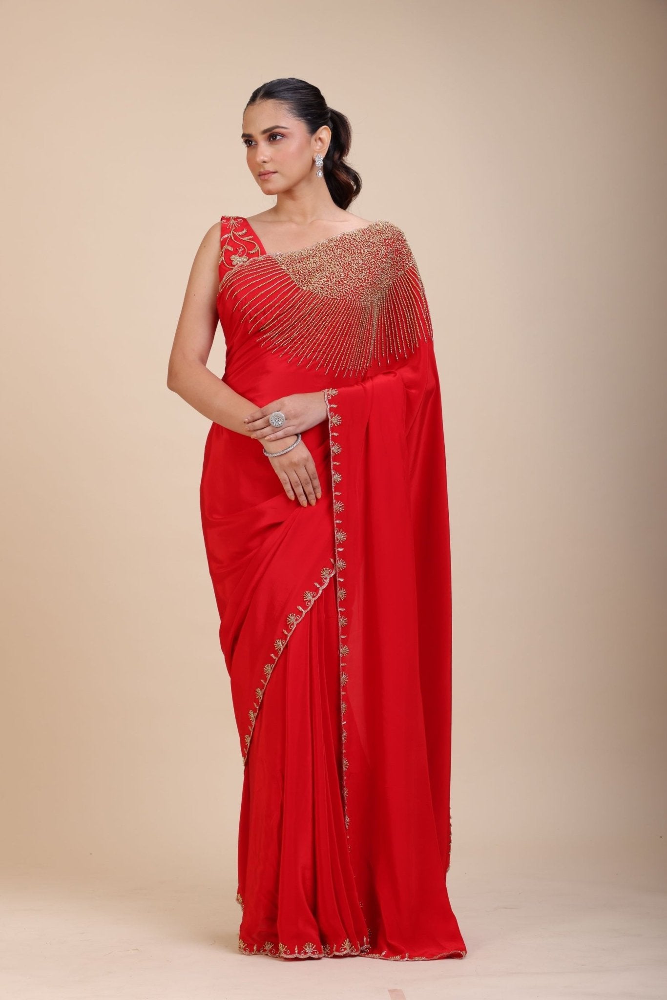Red Designer Hand Embroidered Saree With Designer V Neck Blouse - Anvi Couture
