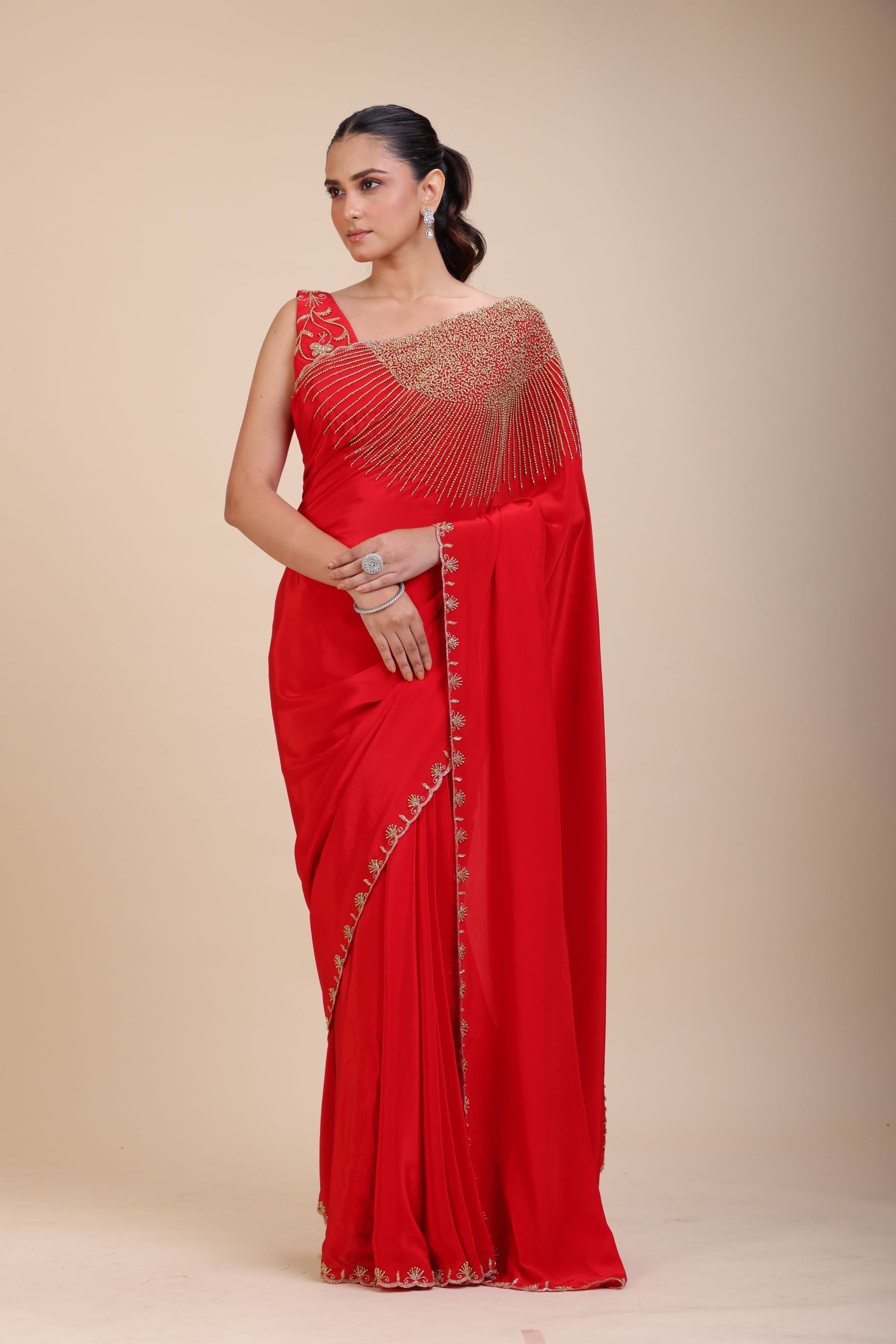 Red Designer Hand Embroidered Saree With Designer V Neck Blouse Front