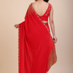 Red Designer Hand Embroidered Saree With Designer V Neck Blouse Back