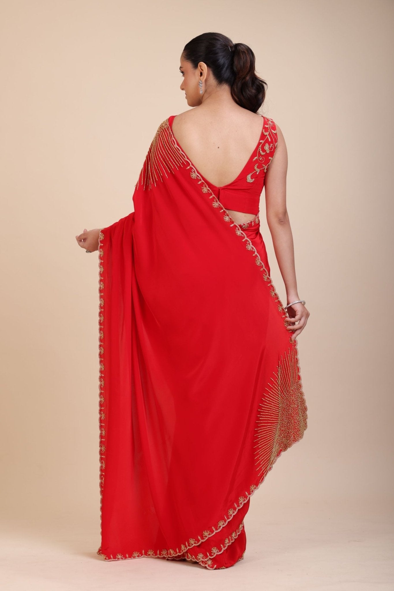 Red Designer Hand Embroidered Saree With Designer V Neck Blouse - Anvi Couture