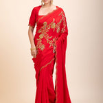 Red Designer Hand Embroidered Saree in Crepe Silk - Front 1
