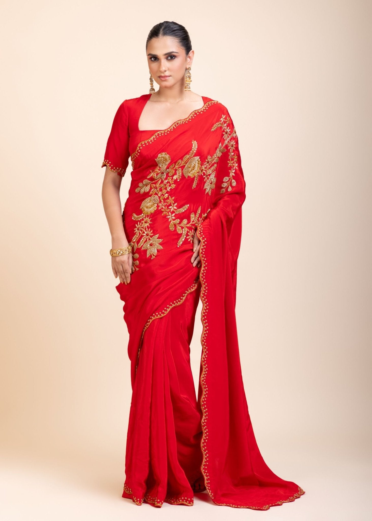 Red Designer Hand Embroidered Saree in Crepe Silk - Anvi Couture
