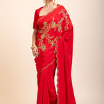 Red Designer Hand Embroidered Saree in Crepe Silk -Front 2
