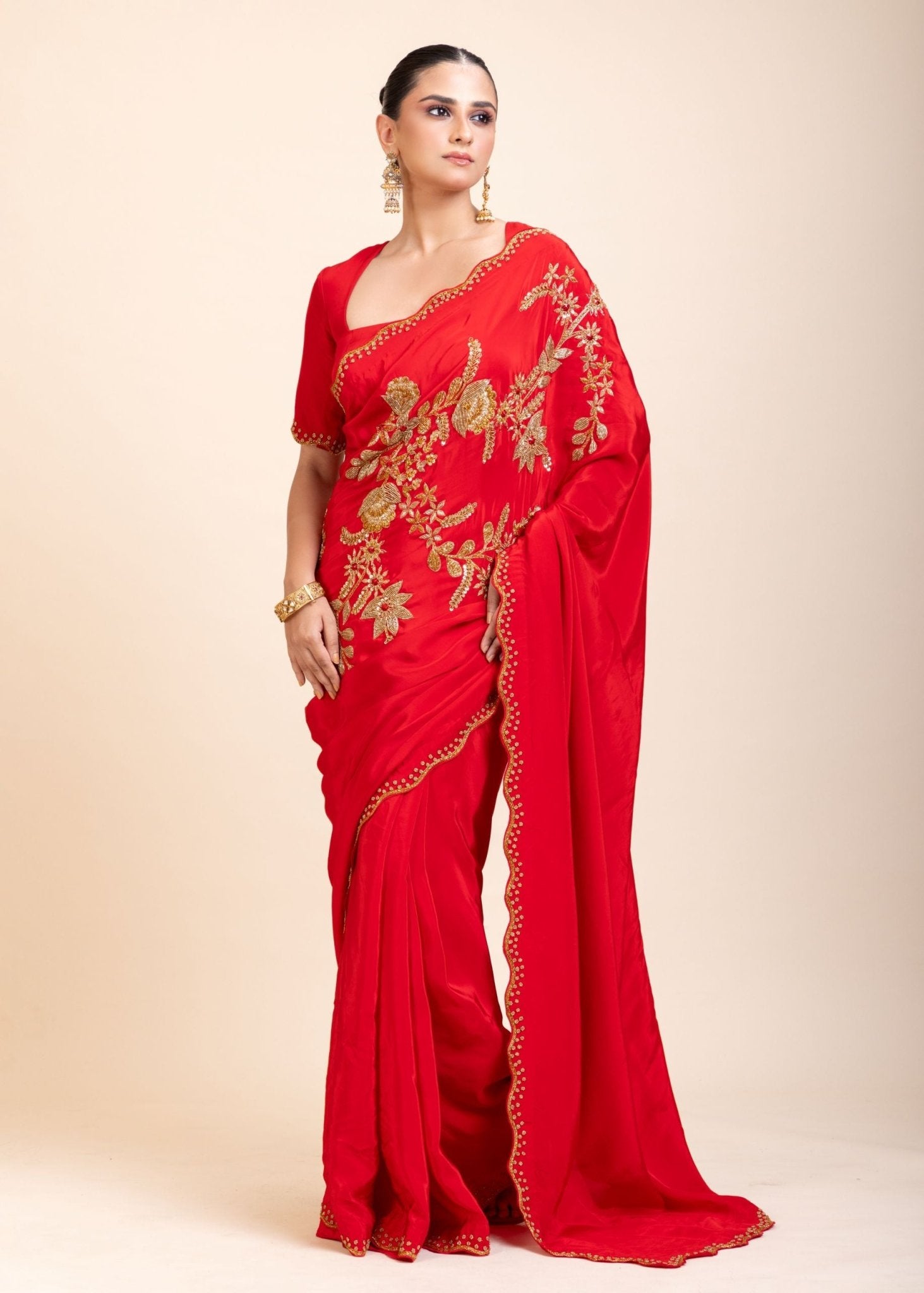 Red Designer Hand Embroidered Saree in Crepe Silk - Anvi Couture