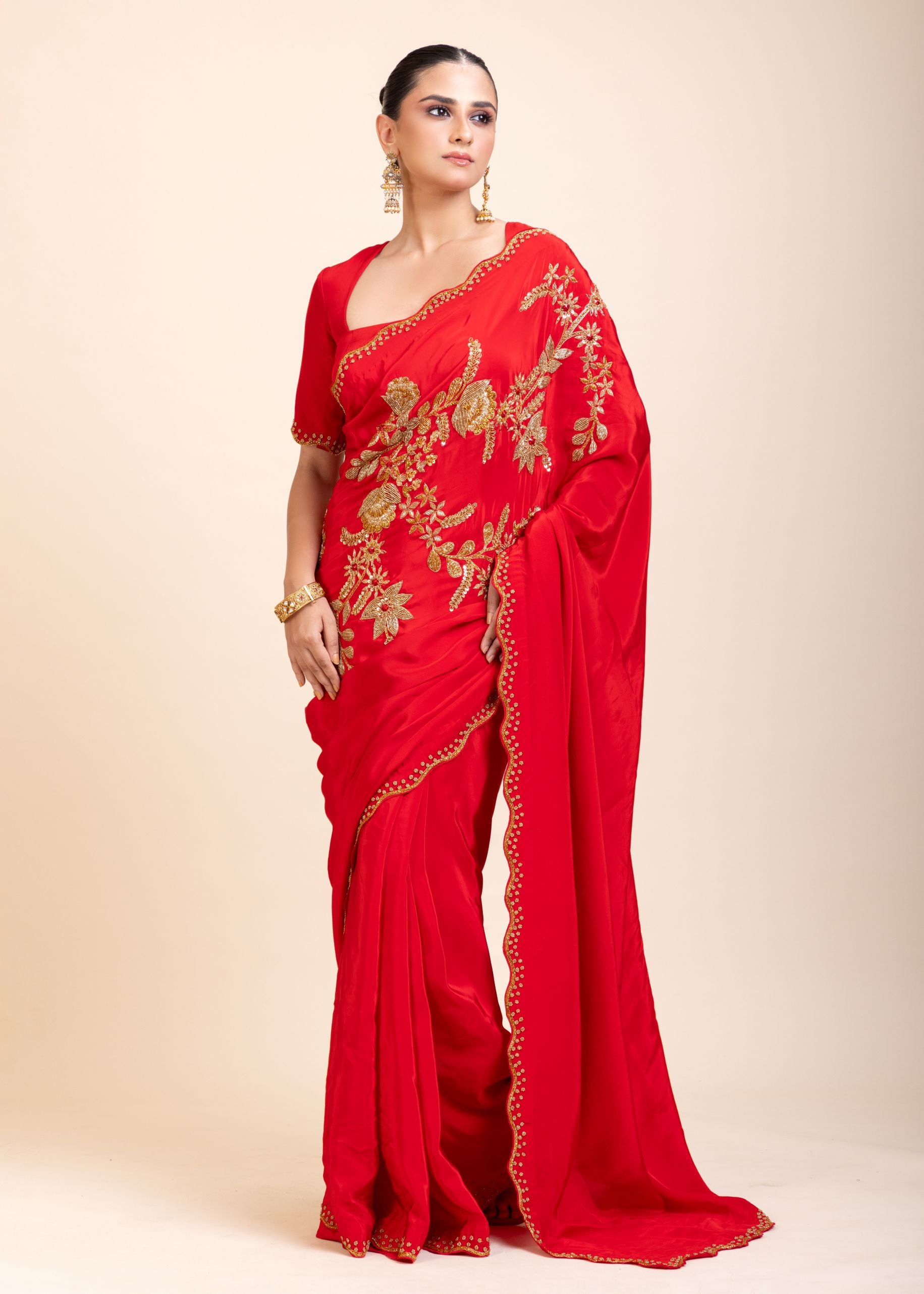 Red Designer Hand Embroidered Saree in Crepe Silk -Front 2
