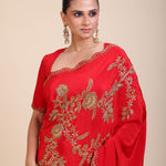 Red Designer Hand Embroidered Saree in Crepe Silk - Close
