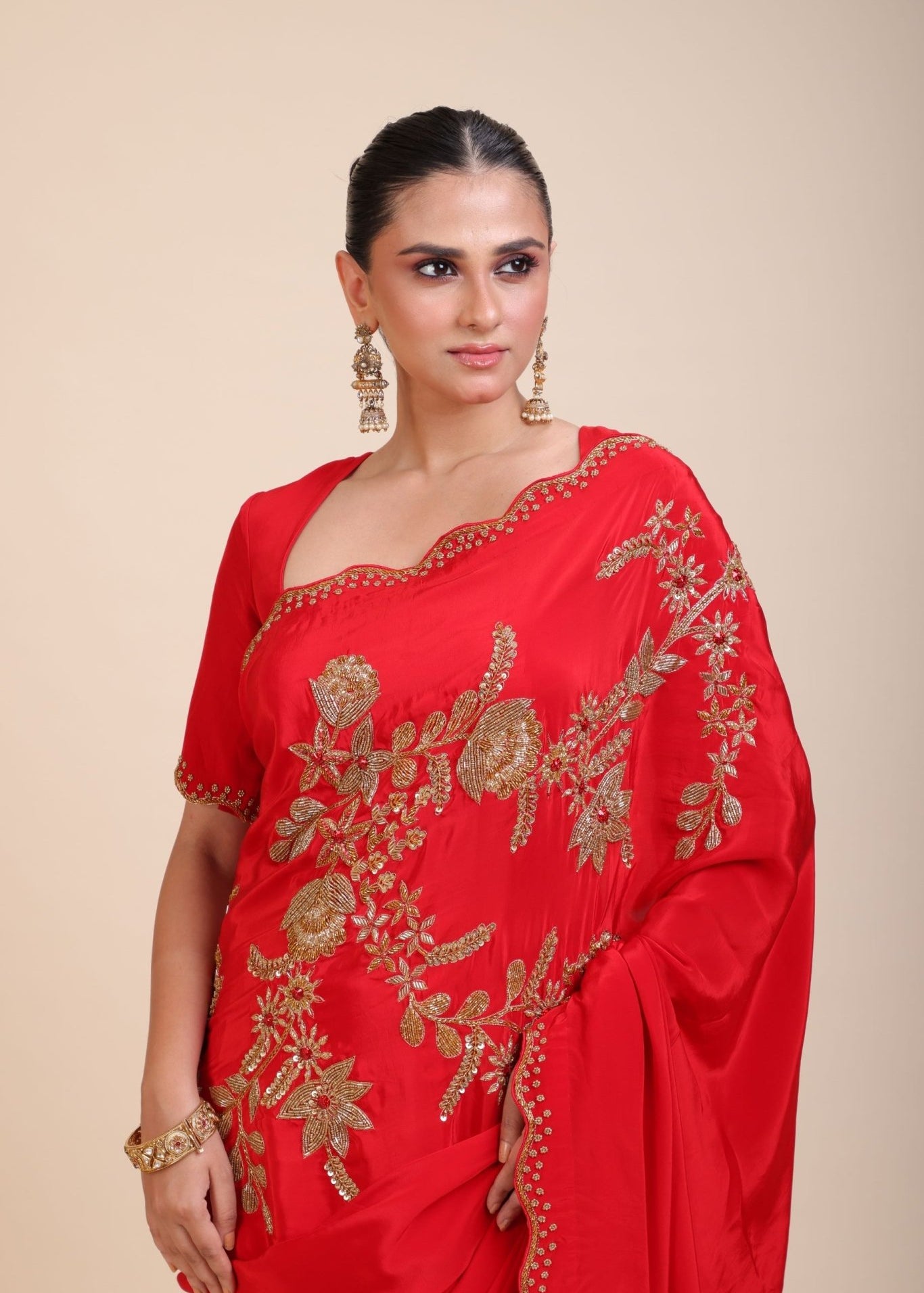 Red Designer Hand Embroidered Saree in Crepe Silk - Anvi Couture