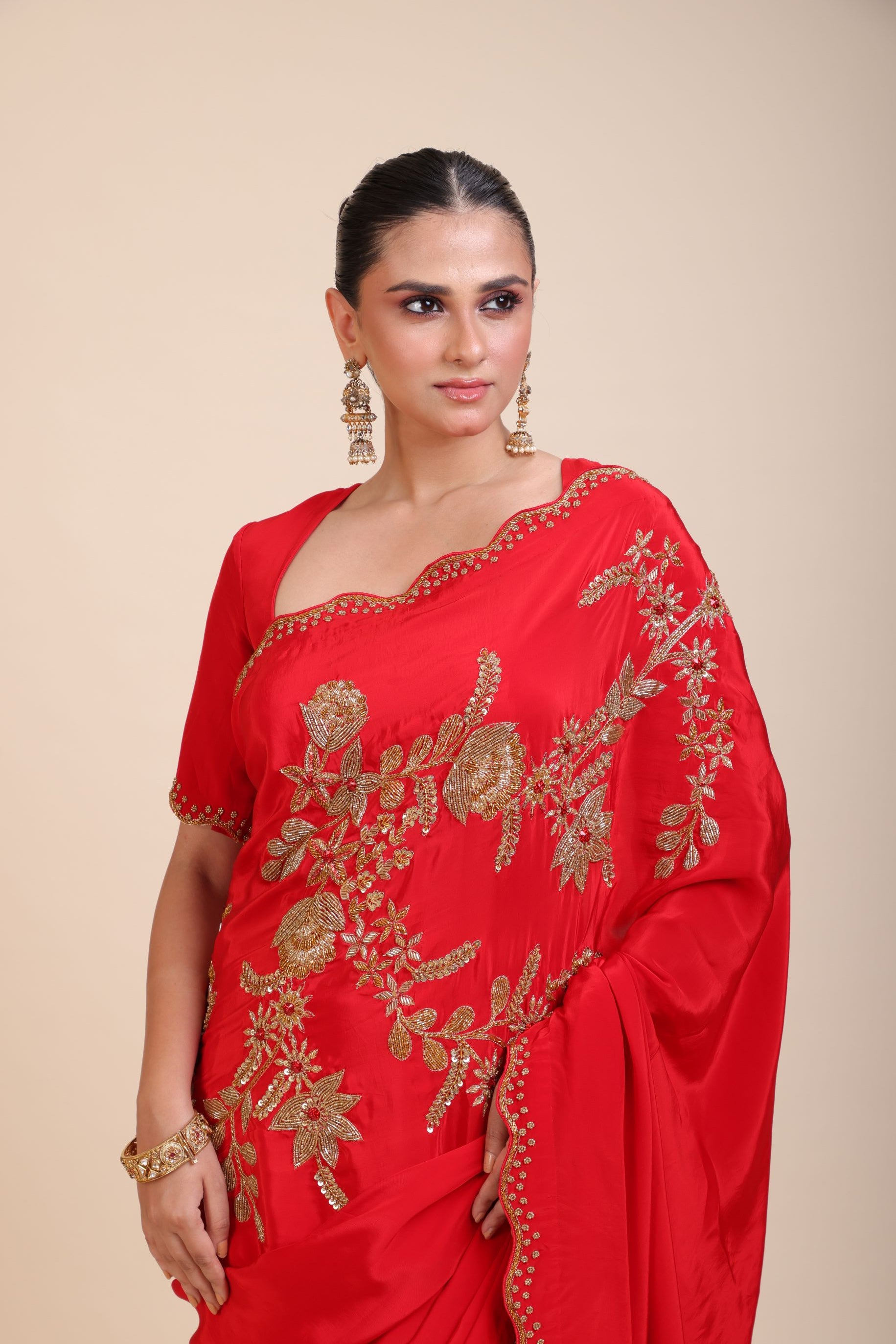 Red Designer Hand Embroidered Saree in Crepe Silk - Close
