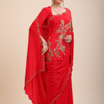 Red Designer Hand Embroidered Saree in Crepe Silk -Side
 